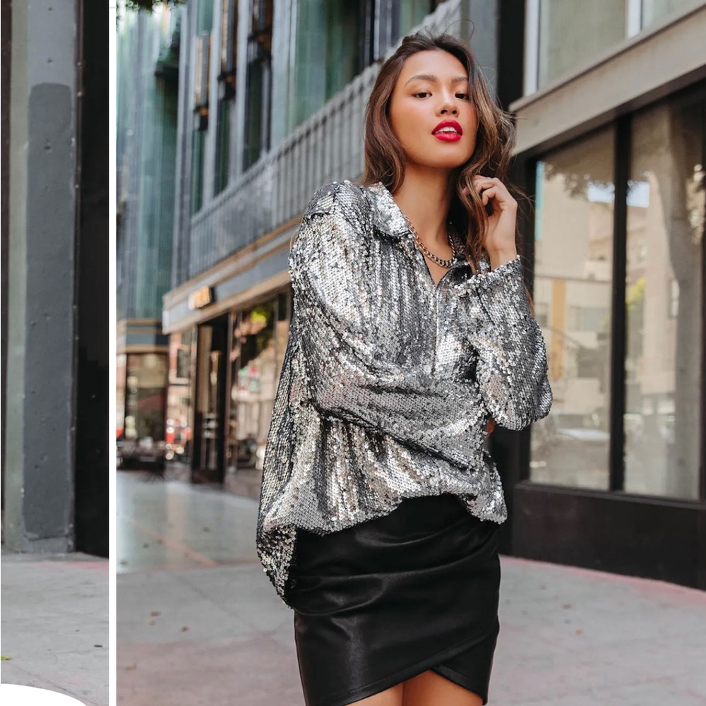 Vici Be A Star Sequins Button Down Top, Silver - image 4